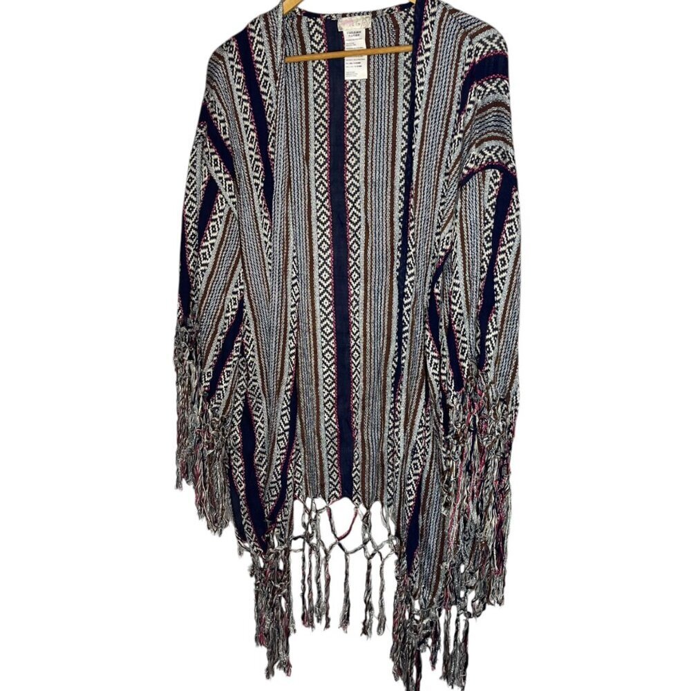 Vintage Free People Womens One Size Tassel Knit Poncho Sweater Ikat Southwestern